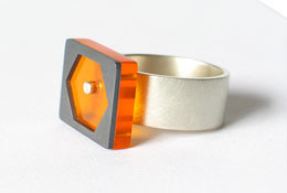 VOR Ring - silver / orange perspex / oxidised silver